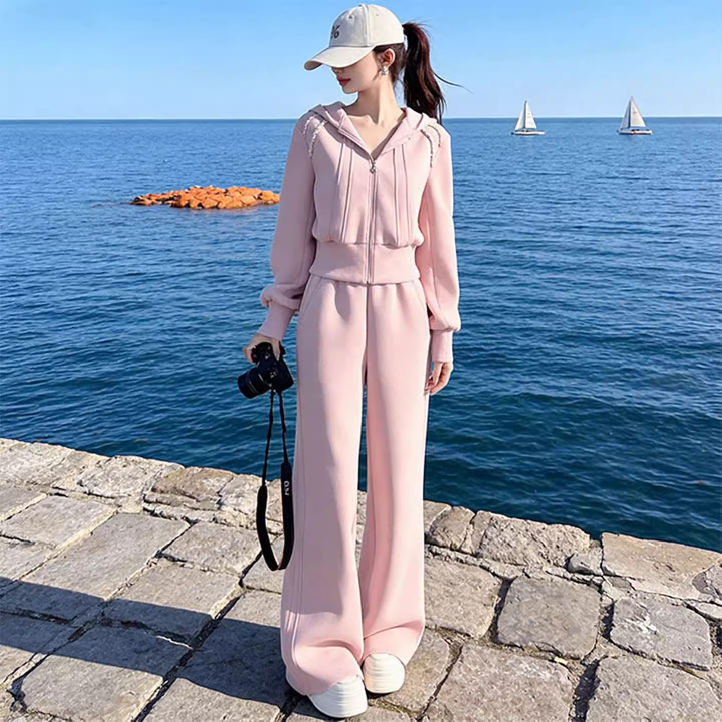 减龄粉色运动服套装女春秋修身显瘦连帽卫衣阔腿裤休闲两件套跑步